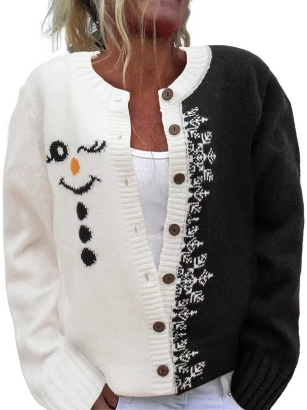 Women’s Black White Snowman Colorblock Ugly Christmas Cardigan Sweater